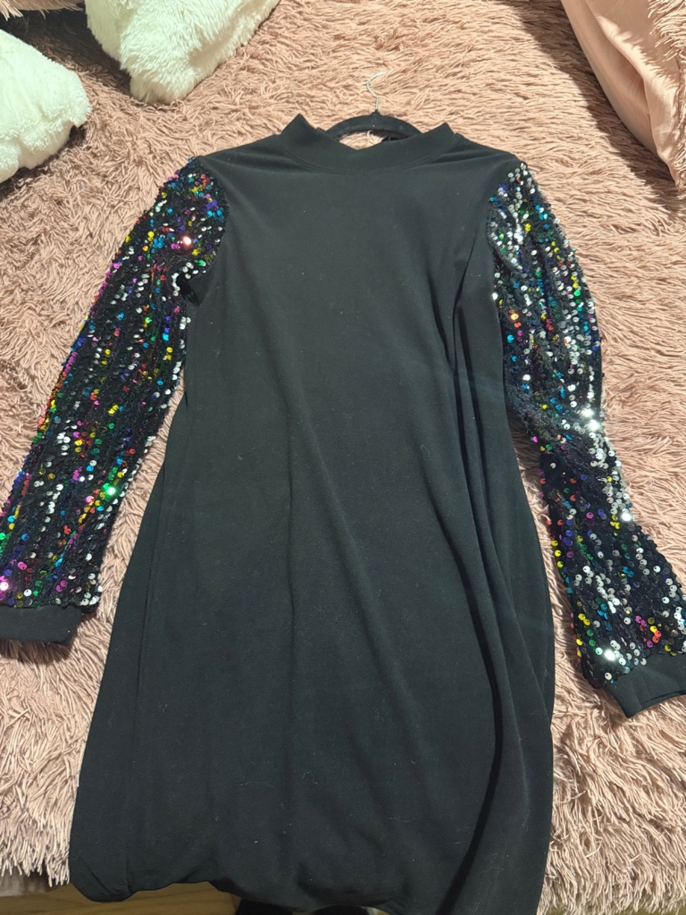 HYFVE  Black Long Sleeve Dress with Multicolor Mardi Gras Sequin Sleeves